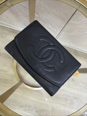 CHANEL Black Quilted Caviar Leather Wallet with Gold CC Charm